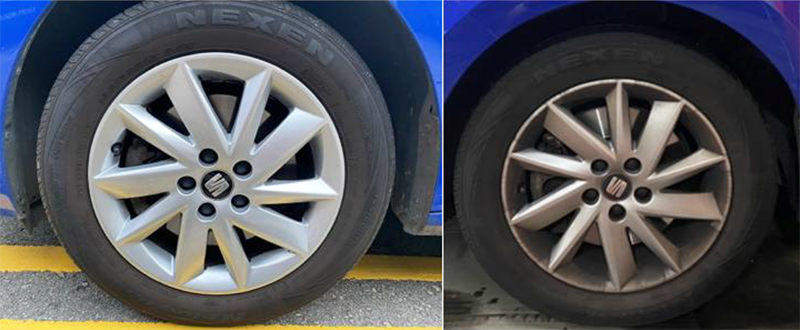 Wheel comparison showing Levasil application and dirt pick-up resistance